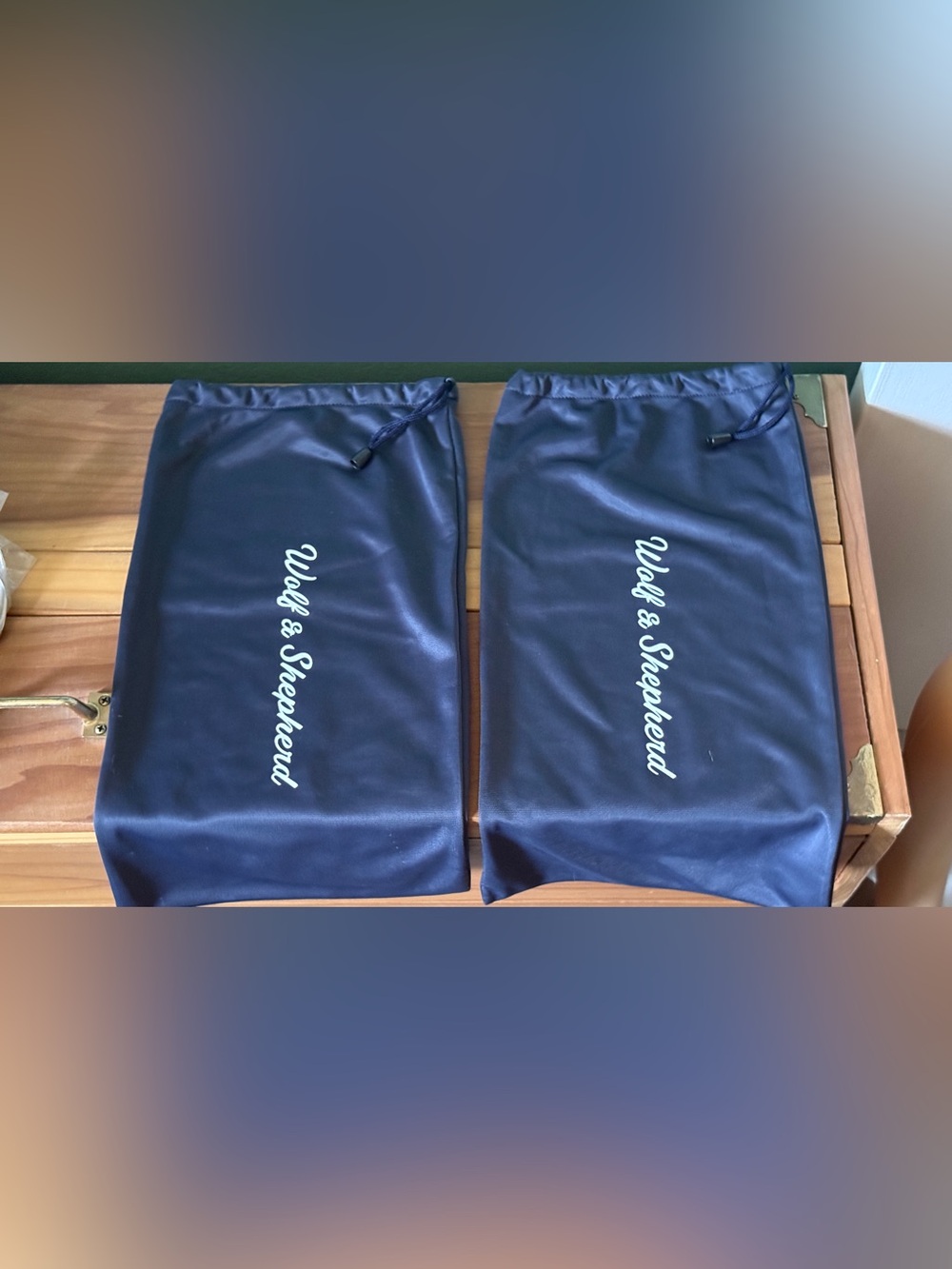Lot 2 Wolf & Shepherd Navy Blue Drawstring Shoe Bags 16x8” Navy Cord Storage